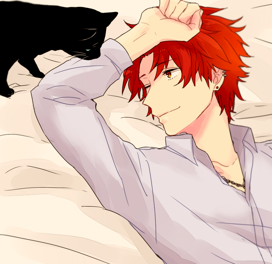 1boy, akagi_toma, bed, cat, earrings, gen'ei_ibunroku_sharp_fe, jewelry, necklace, one_eye_closed, red_eyes, redhead, saichi_(meme+), solo, upper_body