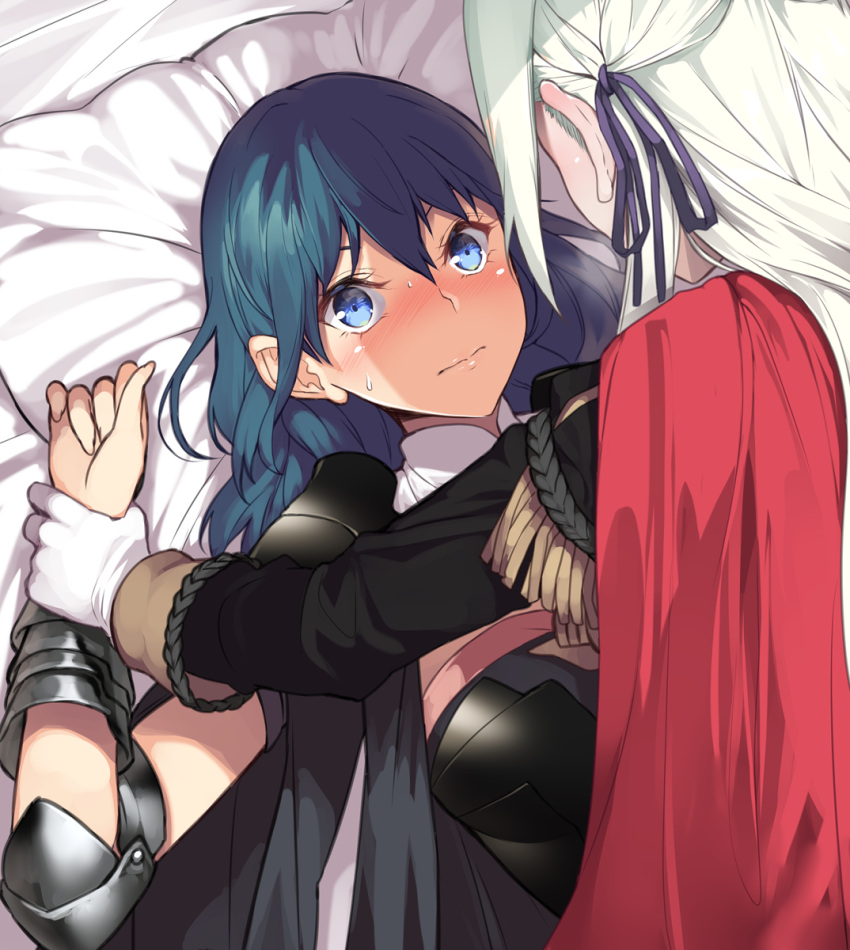2girls, armor, bangs, blue_eyes, blue_hair, blush, breasts, byleth_(fire_emblem)