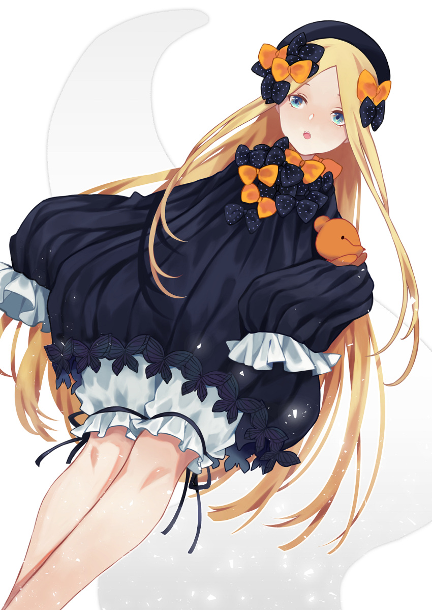 1girl, :o, abigail_williams_(fate/grand_order), bangs, black_bow, black_dress, black_headwear, blonde_hair