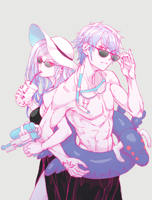 1boy, 1girl, bikini, black_bikini, black_shorts, closed_mouth, drinking, drinking_straw