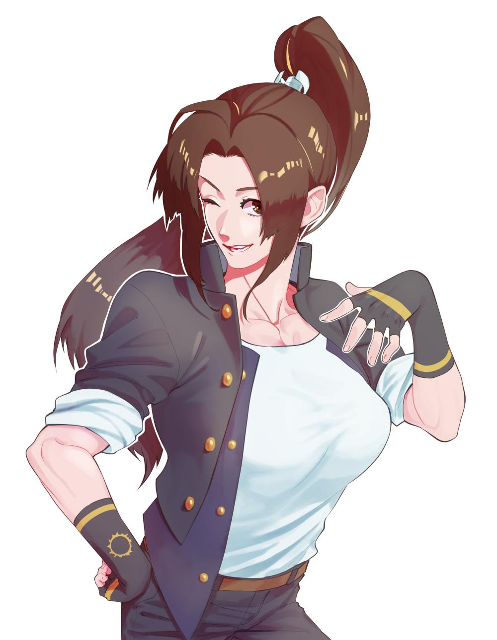 1girl, breasts, brown_eyes, brown_hair, cosplay, crossdressinging, fingerless_gloves, gakuran