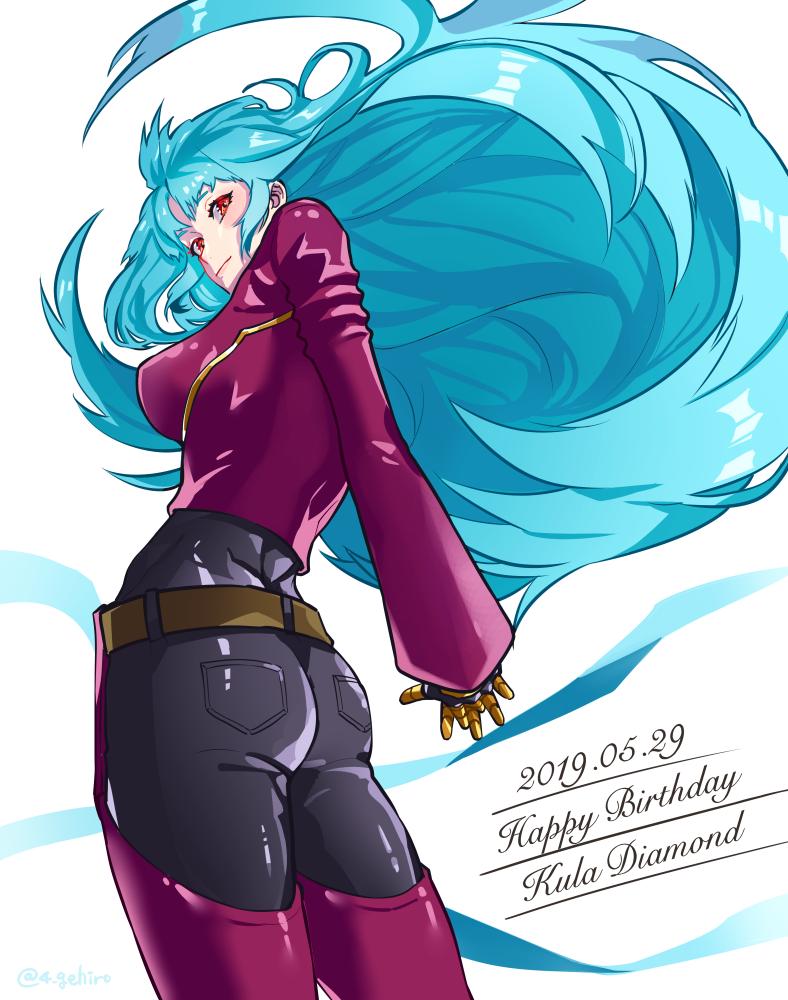 1girl, ass, belt, big_hair, blue_hair, chaps, character_name, from_behind