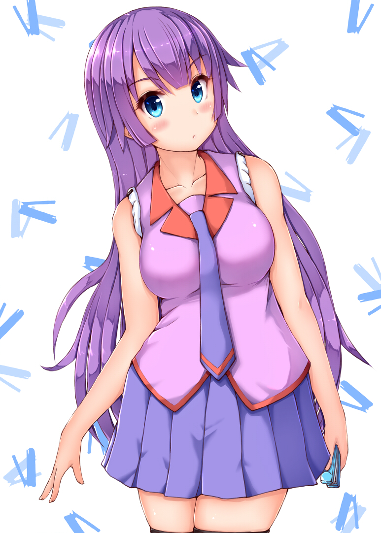 1girl, arms_at_sides, bakemonogatari, bangs, black_legwear, blue_eyes, blue_neckwear, blue_skirt, blush, breasts, closed_mouth, collar, collarbone, collared_shirt, commentary_request, cowboy_shot, english_commentary, eyebrows_visible_through_hair, hair_between_eyes, holding, long_hair, looking_at_viewer, medium_breasts, monogatari_(series), nagi_uru, necktie, pleated_skirt, purple_hair, purple_shirt, red_collar, school_uniform, senjougahara_hitagi, shiny, shiny_hair, shiny_skin, shirt, simple_background, skirt, sleeves_rolled_up, solo, stapler, thigh-highs, very_long_hair, white_background