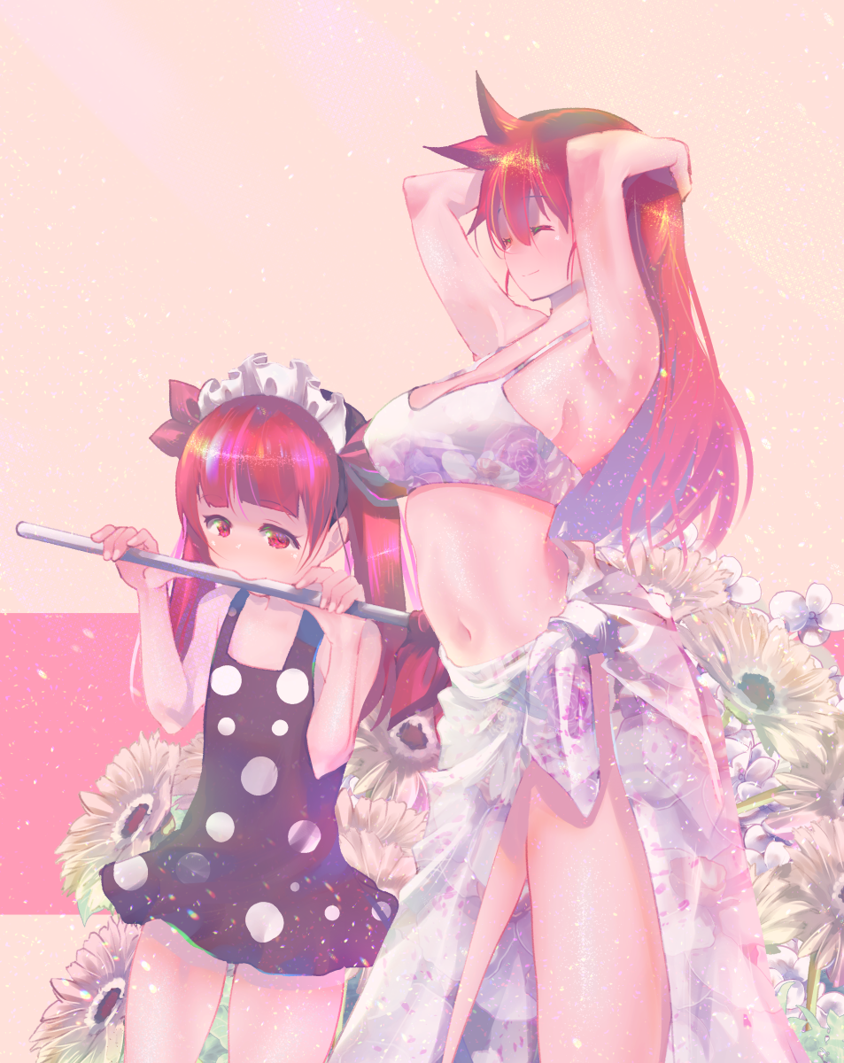 2girls, armpits, arms_up, black_swimsuit, blush, bonnet, breasts, closed_eyes