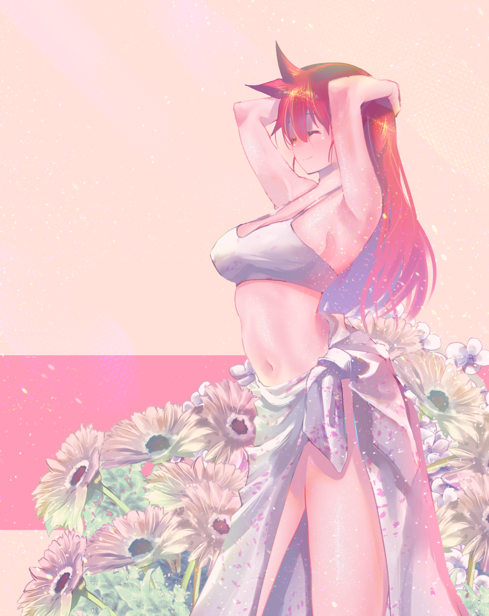 1girl, armpits, arms_up, blush, breasts, closed_eyes, closed_mouth, eyebrows_visible_through_hair
