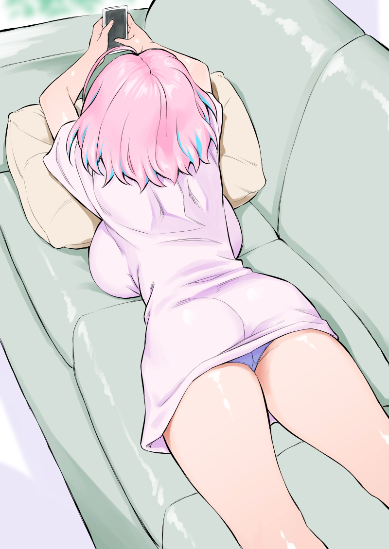 1girl, ahoge, ass, back, bare_legs, breasts, cellphone, couch