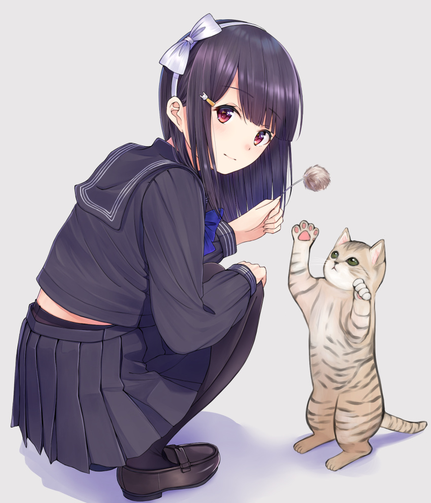 1girl, black_hair, black_legwear, black_serafuku, bow, cat, cat_teaser, commentary_request
