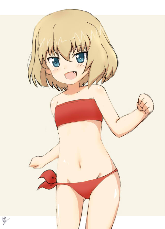 1girl, bandeau, bangs, beige_background, bikini, blonde_hair, blue_eyes, commentary_request