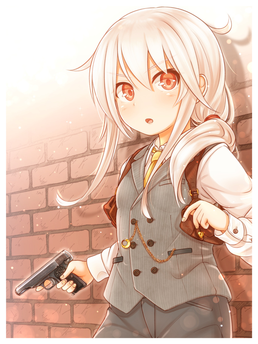 1girl, absurdres, alternate_costume, bangs, blush, breasts, brick_wall, buttons