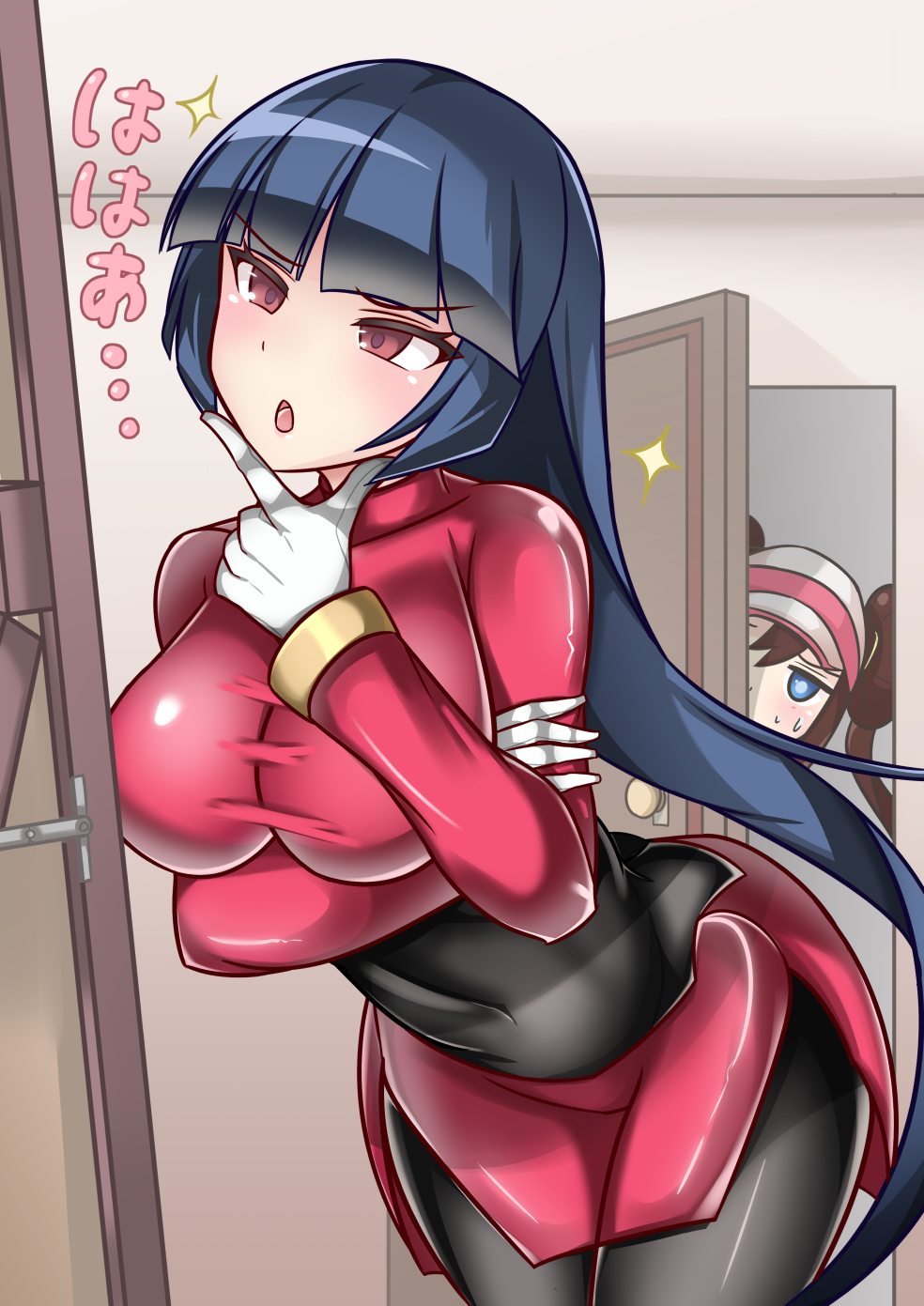 2girls, :o, arm_under_breasts, bangs, black_hair, black_legwear, blue_eyes, blunt_bangs