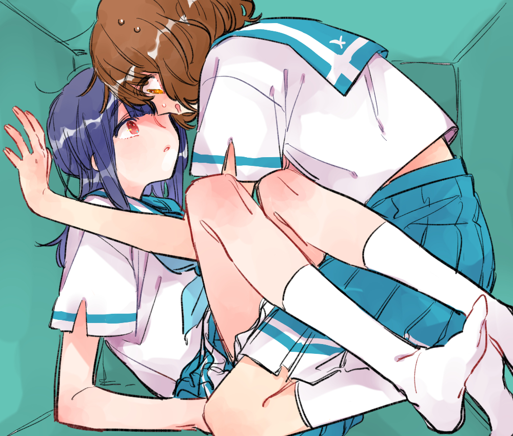 2girls, blue_hair, blue_sailor_collar, blue_skirt, brown_eyes, brown_hair, commentary_request, face-to-face