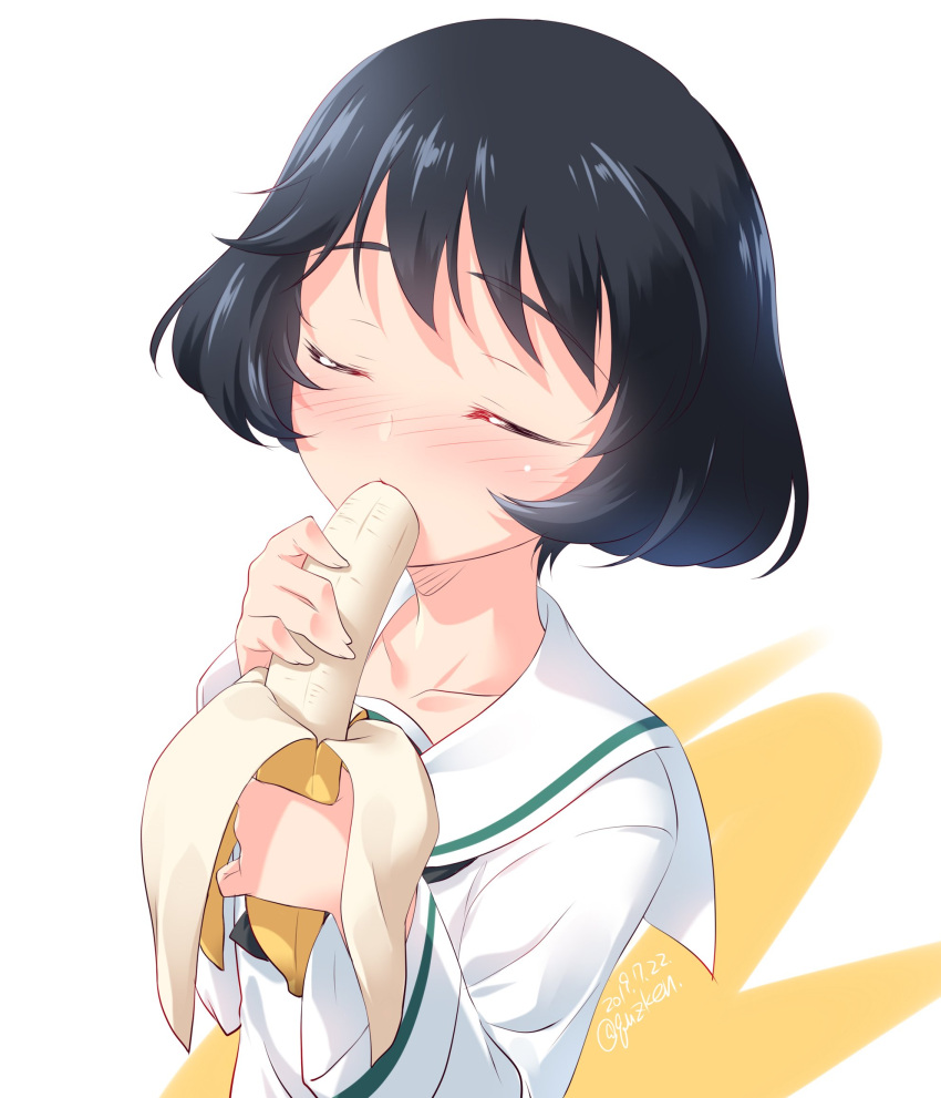 1girl, banana, bangs, black_hair, black_neckwear, blouse, blush, closed_eyes