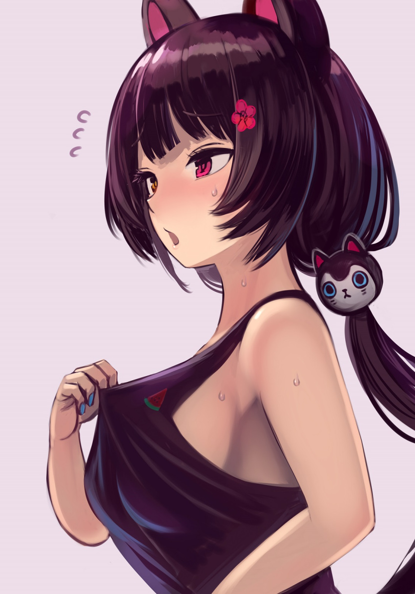 1girl, animal_ears, bangs, blue_nails, blunt_bangs, blush, breasts, dog_hair_ornament, enumiyan, eyebrows_visible_through_hair, fingernails, hair_ornament, heterochromia, highres, hot, inui_toko, long_hair, looking_away, low_twintails, medium_breasts, nail_polish, nijisanji, open_mouth, pink_background, pink_eyes, sideboob, simple_background, sleeveless, solo, sweat, twintails, virtual_youtuber, yellow_eyes