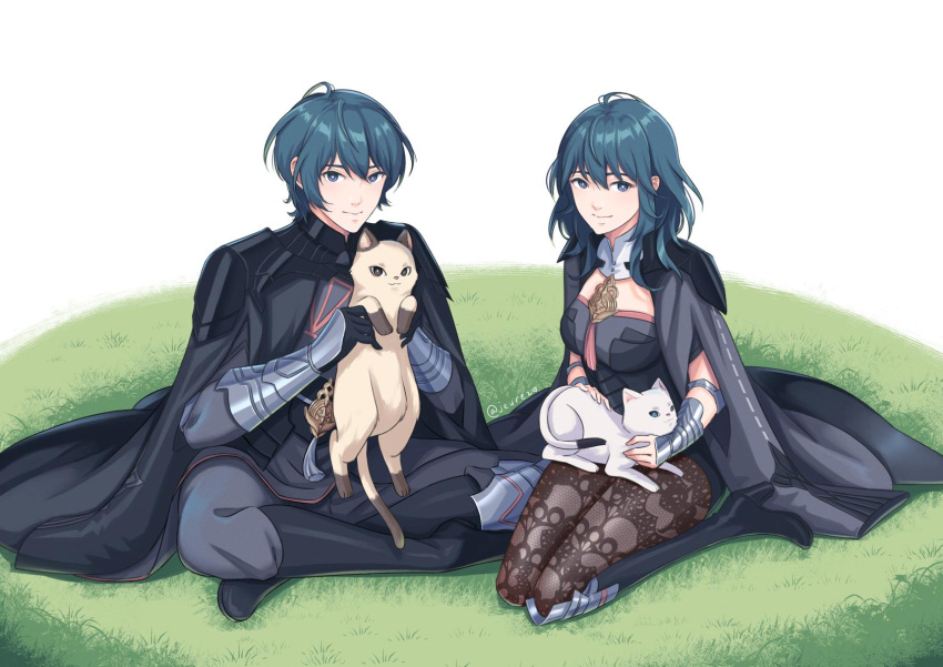 1boy, 1girl, aequorine, armor, black_armor, black_cape, blue_eyes, blue_hair