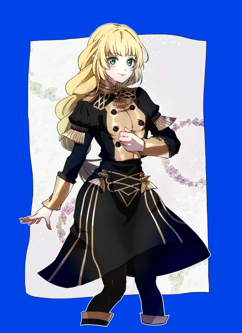 1girl, blonde_hair, blue_background, braid, epaulettes, fire_emblem, fire_emblem:_three_houses, flower
