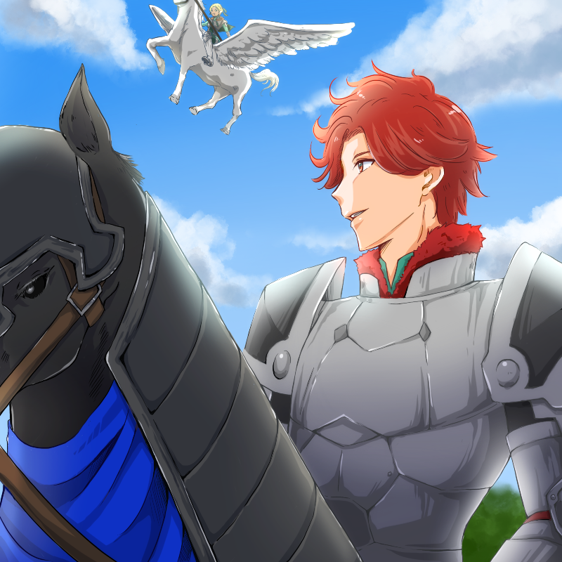 1boy, 1girl, ajapa0621, armor, blonde_hair, boots, clouds, feathered_wings