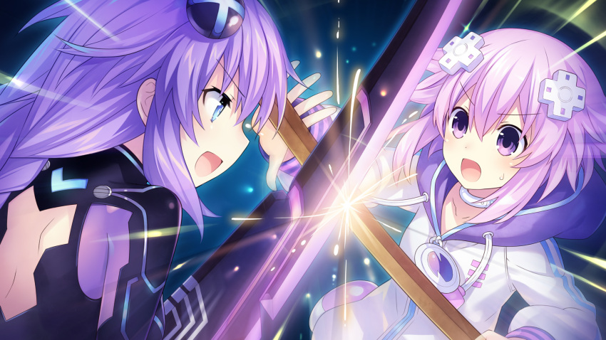 2girls, battle, blue_eyes, braid, brave_neptune, breasts, clash, d-pad