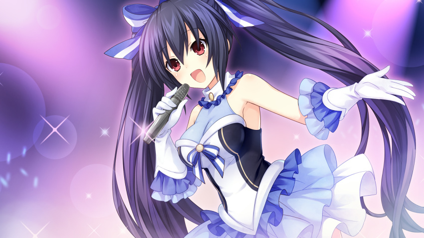 1girl, bare_shoulders, black_hair, blush, brave_neptune, breasts, frills, game_cg, hair_ornament, hair_ribbon, highres, long_hair, looking_at_viewer, medium_breasts, microphone, neptune_(series), noire, official_art, open_mouth, red_eyes, ribbon, smile, solo, spotlight, tsunako, twintails
