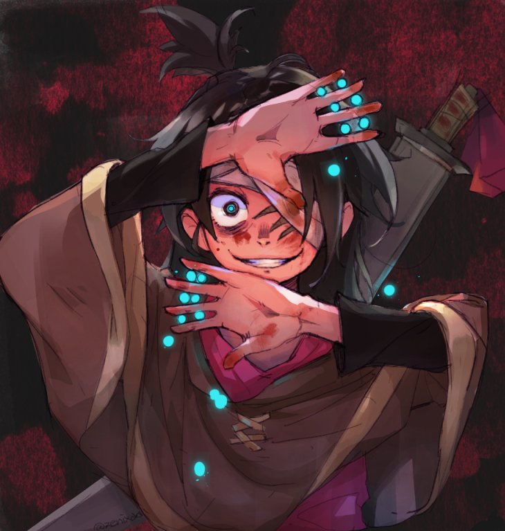 1girl, bandage_over_one_eye, bandages, black_hair, blood, blood_on_face, bloody_bandages, bloody_hands