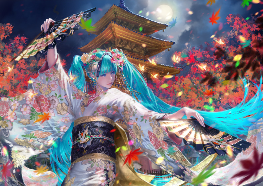 1girl, absurdres, animal_print, aqua_hair, architecture, arm_up, autumn_leaves, bangs