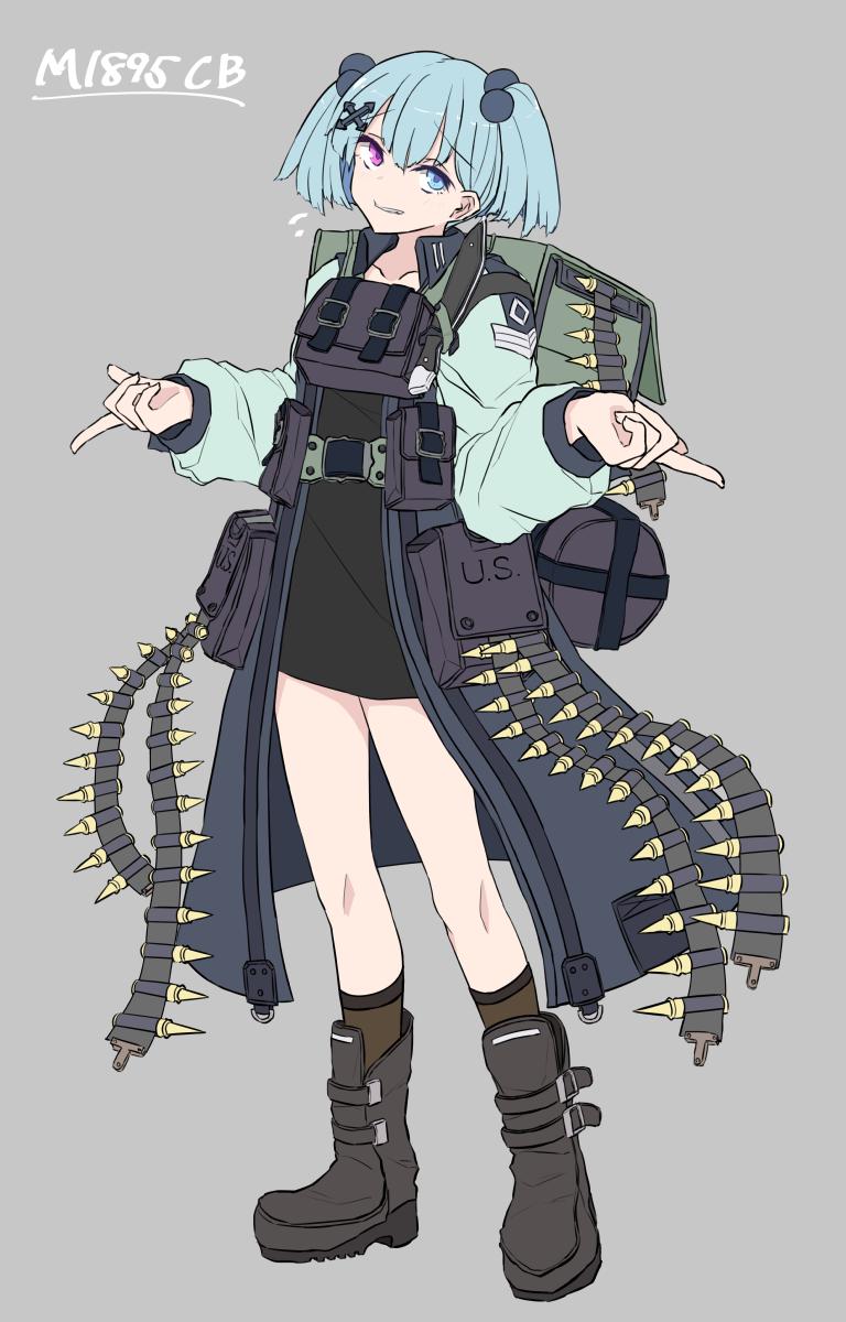 1girl, backpack, bag, bandolier, blue_eyes, blue_hair, boots, bullet, character_name, chinese_commentary, commentary_request, girls_frontline, heterochromia, highres, long_jacket, m1895_cb_(girls_frontline), pointing, pouch, solo, twintails, u.s.a., violet_eyes, yamasemi_(yy8023)