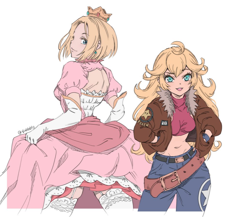 2girls, ahoge, back-to-back, back_cutout, belt, blonde_hair, blue_eyes, blue_mary, blue_mary_(cosplay), bomber_jacket, breasts, brown_jacket, commentary, cosplay, costume_switch, crop_top, crossover, crown, curtsey, denim, dress, earrings, elbow_gloves, english_commentary, fatal_fury, garter_straps, gloves, green_eyes, halter_top, halterneck, hands_in_pockets, height_difference, jacket, jeans, jewelry, long_hair, super_mario_bros., midriff, multiple_belts, multiple_girls, navel, open_clothes, open_jacket, pants, pink_dress, princess_peach, princess_peach_(cosplay), puffy_short_sleeves, puffy_sleeves, short_hair, short_sleeves, slender_waist, small_breasts, super_mario_bros., the_king_of_fighters, thigh-highs, twitter_username, vinhnyu, white_background, white_gloves, white_legwear