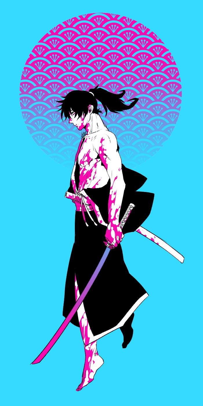 1boy, 55_yamisan, barefoot, black_eyes, black_hair, blood, blood_on_face, bloody_clothes, bloody_hands, bloody_weapon, blue_background, closed_mouth, dougi, highres, holding, holding_sword, holding_weapon, katana, katana_zero, male_focus, ponytail, purple_blood, scabbard, sheath, solo, sword, tied_hair, weapon, zero_(katana_zero)
