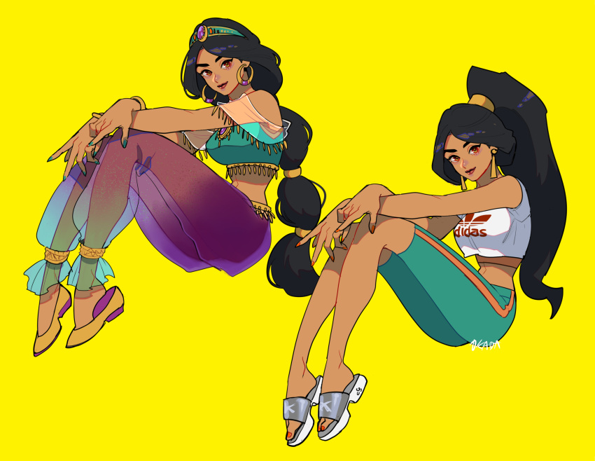 adidas, aladdin_(disney), alternate_hairstyle, anklet, arabian_clothes, bangle, bangs, black_hair