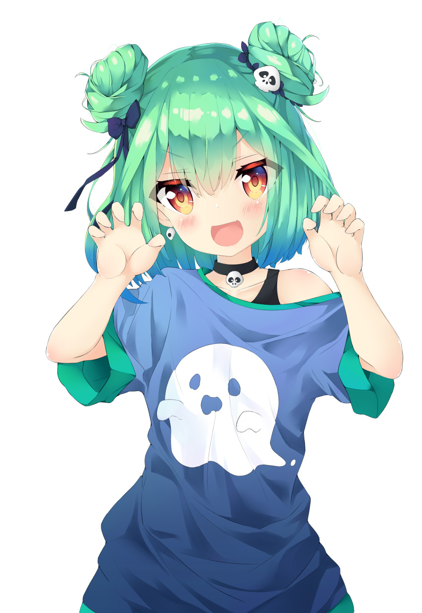 1girl, 223_(pixiv332210012), :d, absurdres, alternate_costume, bangs, black_undershirt, blue_ribbon, blue_shirt, blush, claw_pose, collar, collarbone, dot_nose, double_bun, earrings, eyebrows_visible_through_hair, fang, flat_chest, ghost_print, green_hair, hair_between_eyes, hair_ornament, hair_ribbon, hands_up, highres, hololive, jewelry, layered_clothing, looking_at_viewer, medium_hair, off_shoulder, open_mouth, print_shirt, red_eyes, ribbon, shirt, simple_background, single_bare_shoulder, skull_collar, skull_earrings, skull_hair_ornament, smile, solo, t-shirt, upper_body, uruha_rushia, virtual_youtuber, white_background