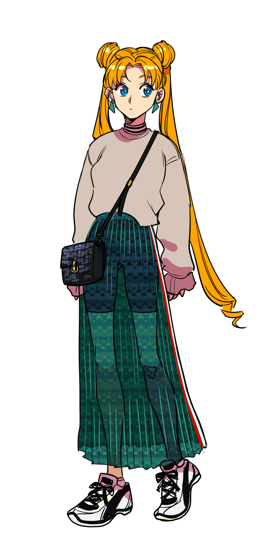 1girl, bag, baggy_clothes, bike_shorts, bishoujo_senshi_sailor_moon, blue_eyes, casual, double_bun