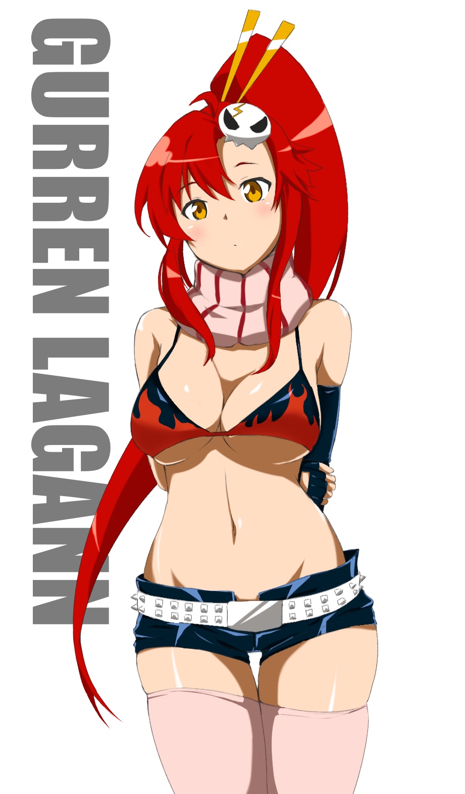 1girl, arms_behind_back, bangs, bare_shoulders, belt, black_gloves, black_shorts, blush, breasts, brother_(artist), brown_eyes, commentary_request, copyright_name, cowboy_shot, elbow_gloves, fingerless_gloves, gloves, groin, hair_between_eyes, hair_ornament, hair_stick, highres, large_breasts, long_hair, looking_at_viewer, mismatched_gloves, navel, pink_legwear, pink_scarf, ponytail, red_bikini_top, redhead, scarf, short_shorts, shorts, sidelocks, simple_background, skull_hair_ornament, solo, standing, stomach, striped, striped_scarf, studded_belt, tengen_toppa_gurren_lagann, thigh-highs, thighs, very_long_hair, white_background, white_belt, yoko_littner