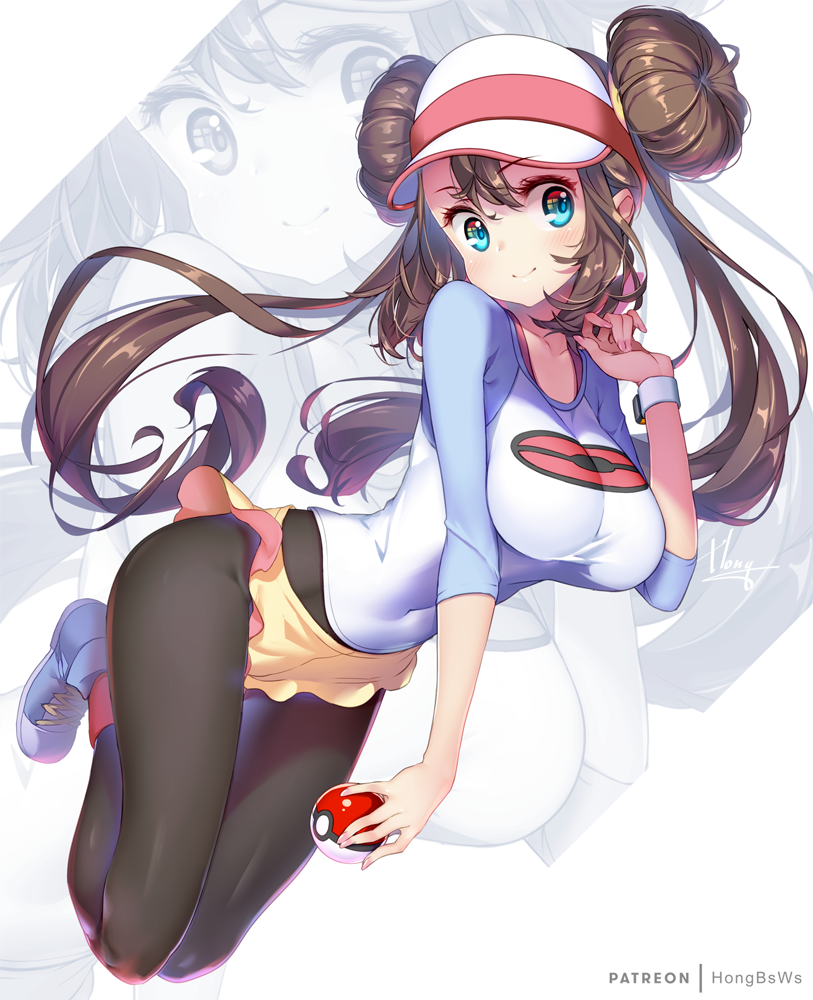 1girl, black_legwear, blue_eyes, blue_footwear, blush, breasts, brown_hair, closed_mouth