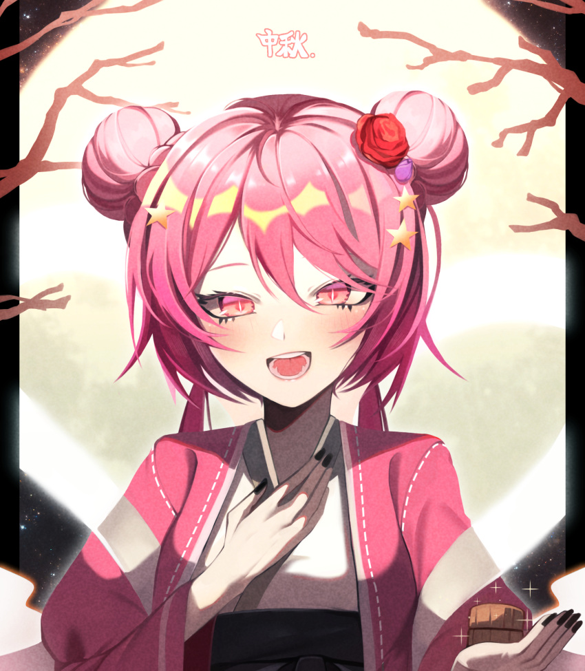 1girl, black_nails, blush, chen_yan, commentary_request, double_bun, eyebrows_visible_through_hair, flower