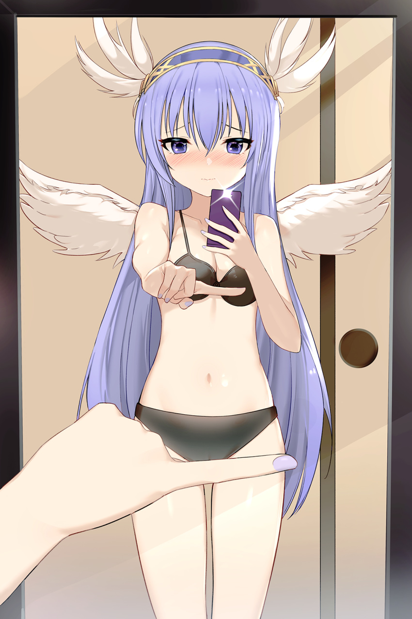 1girl, bare_arms, bare_shoulders, black_bra, black_panties, blue_eyes, blush, bra