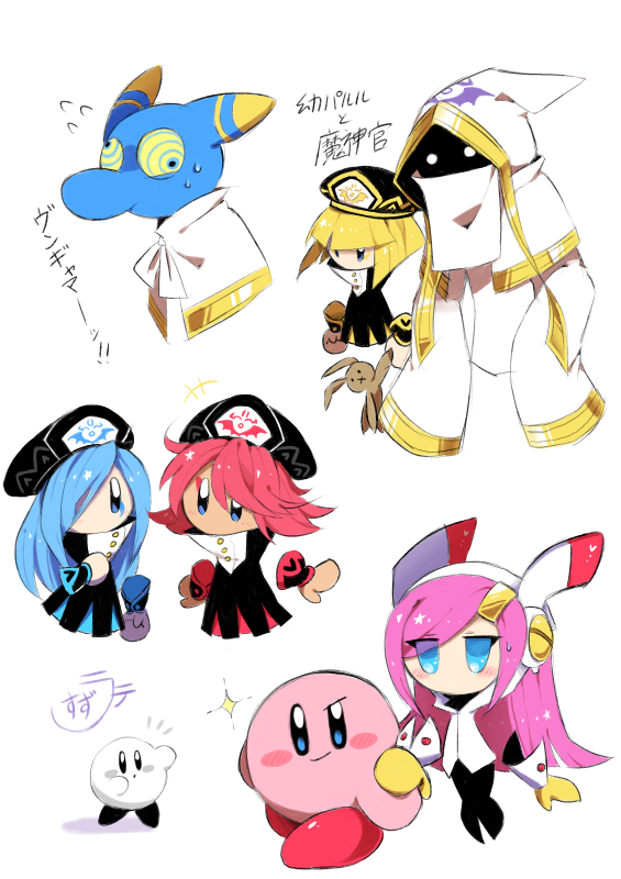 1boy, 1other, 4girls, blonde_hair, blue_hair, blue_skin, flamberge_(kirby), francisca_(kirby)