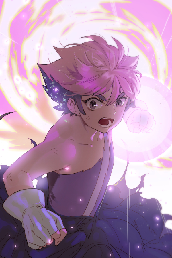 1girl, artist_name, aura, clenched_hands, dress, fingerless_gloves, glimmer_(she-ra), gloves, glowing_fist, lavender_eyes, lens_flare, masters_of_the_universe, oollnoxlloo, open_mouth, pink_hair, purple_dress, she-ra_and_the_princesses_of_power, short_hair, solo, sparkle, thick_eyebrows, torn_clothes, torn_dress, upper_body, white_gloves