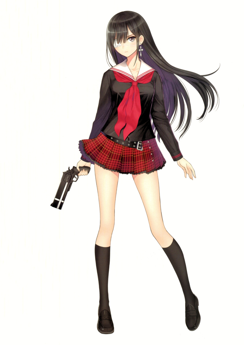 1girl, absurdres, bangs, black_footwear, black_hair, black_kneehighs, black_legwear, brown_eyes