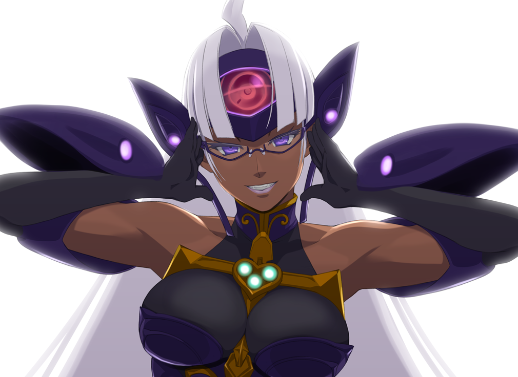 1girl, android, bare_shoulders, breasts, commentary_request, cyborg, dark_skin, elbow_gloves