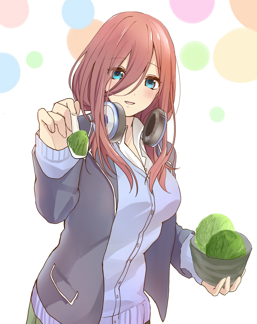 1girl, absurdres, bangs, blazer, blue_cardigan, blue_eyes, blush, bowel, breasts, brown_hair, cardigan, collared_shirt, eyebrows_visible_through_hair, feeding, food, go-toubun_no_hanayome, green_skirt, hair_between_eyes, headphones, headphones_around_neck, highres, holding, holding_spoon, ice_cream, jacket, large_breasts, long_sleeves, looking_at_viewer, medium_hair, nakano_miku, nuko-1111, open_mouth, outstretched_hand, pleated_skirt, pov, school_uniform, shirt, skirt, spoon, white_shirt