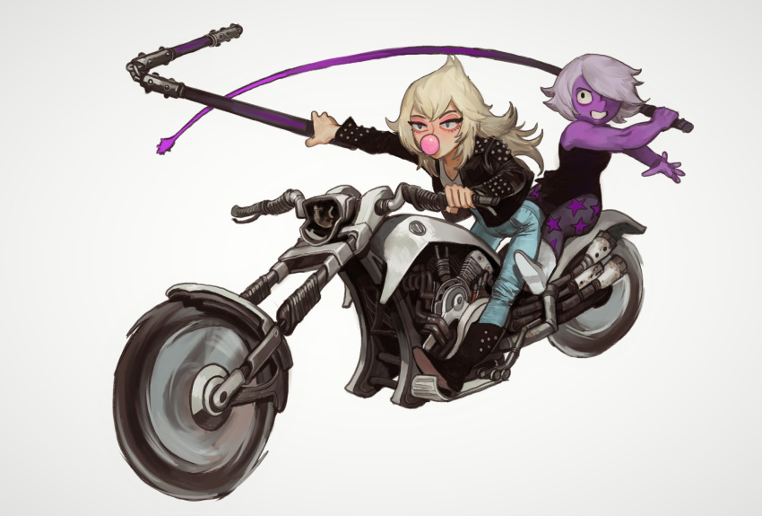 2girls, amethyst_(steven_universe), black_footwear, boots, bubble_blowing, chewing_gum, denim, eyelashes