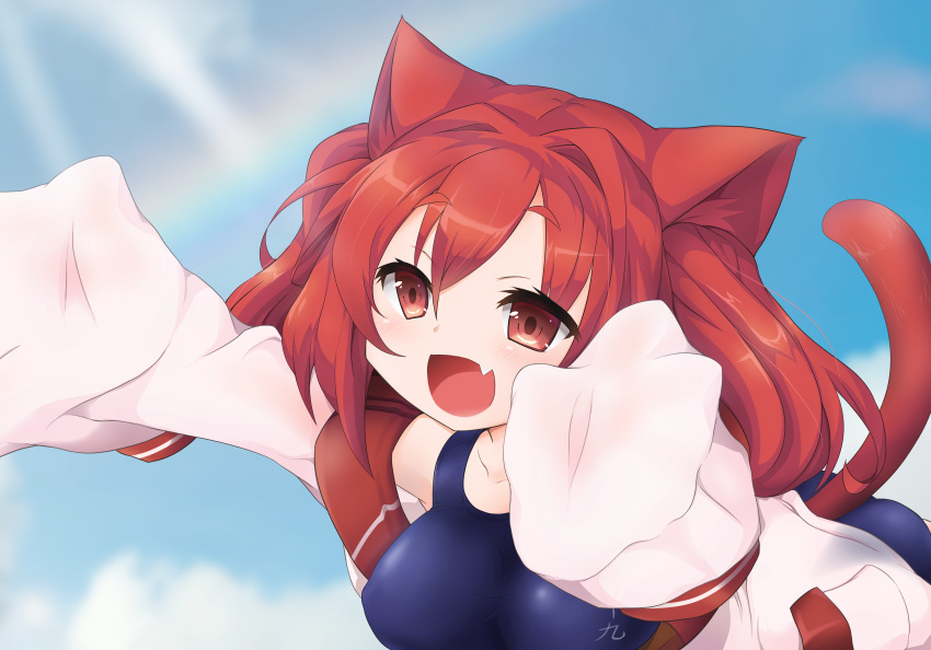1girl, absurdres, animal_ear_fluff, animal_ears, ass, azur_lane, bangs, blue_sky, blue_swimsuit, blush, breasts, cat_ears, cat_tail, character_name, clothes_writing, clouds, collarbone, covered_nipples, day, eyebrows_visible_through_hair, fang, foreshortening, hair_between_eyes, highres, i-19_(azur_lane), imminent_hug, jacket, kinokan, large_breasts, long_hair, long_sleeves, off-shoulder_jacket, open_mouth, outdoors, outstretched_arms, pocket, pouncing, rainbow, red_eyes, redhead, school_swimsuit, shiny, shiny_hair, single_bare_shoulder, skin_fang, sky, sleeves_past_fingers, sleeves_past_wrists, smile, sunlight, swimsuit, tail, tongue
