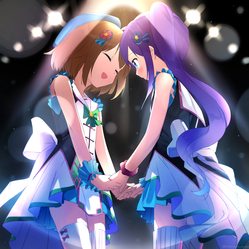 2girls, :d, ^_^, ^o^, ahoge, back_bow, bare_shoulders, beret