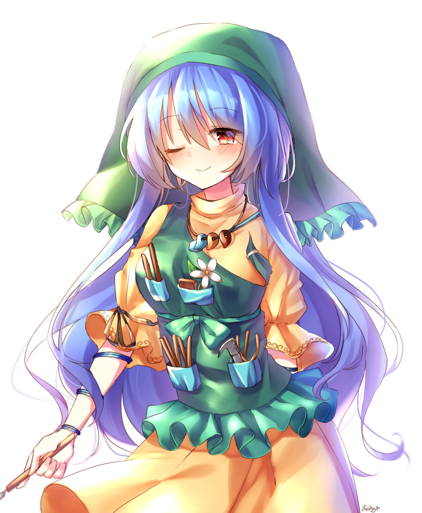 1girl, absurdres, apron, arm_behind_back, arm_ribbon, armlet, blue_hair, blush