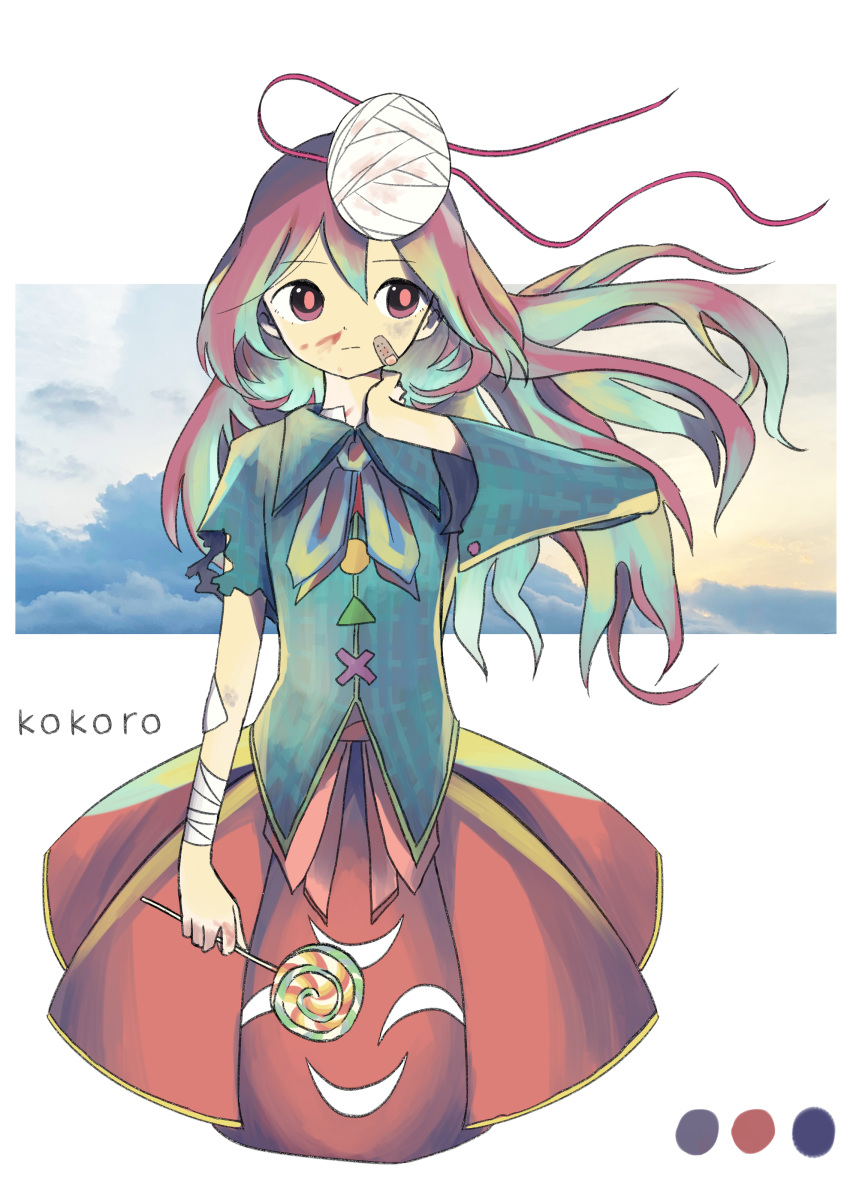 1girl, absurdres, bandaged_arm, bandages, bandaid, bandaid_on_face, blood, blood_on_face