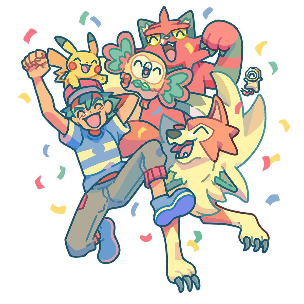 1boy, ^_^, arm_up, baseball_cap, black_hair, blue_footwear, capri_pants, closed_eyes, confetti, fangs, gen_1_pokemon, gen_7_pokemon, grey_pants, hat, highres, jumping, lycanroc, lycanroc_(dusk), male_focus, meltan, pants, pikachu, pokemon, pokemon_(anime), pokemon_on_head, pokemon_sm139, pokemon_sm_(anime), roselph, rowlet, satoshi_(pokemon), shirt, simple_background, smile, striped, striped_shirt, torracat, white_background