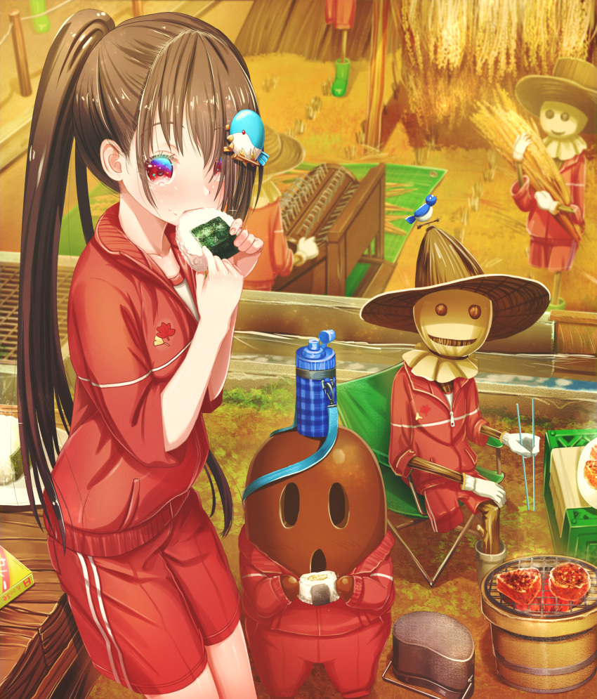 1girl, abo_(kawatasyunnnosukesabu), autumn, bird_hair_ornament, black_hair, bottle, chair, chopsticks