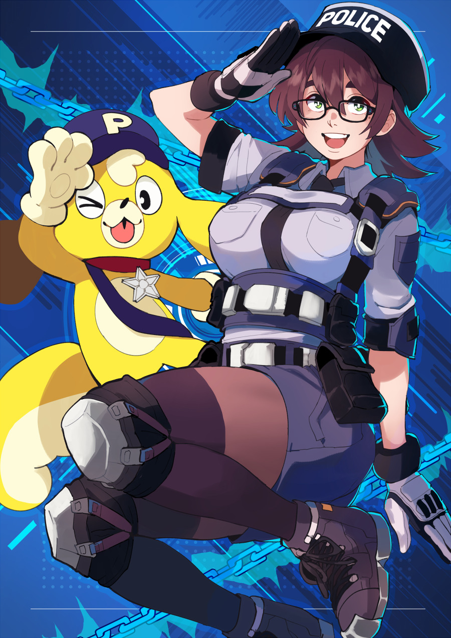 1girl, astral_chain, azuumori, badge, belt_pouch, boots, breasts, brown_hair
