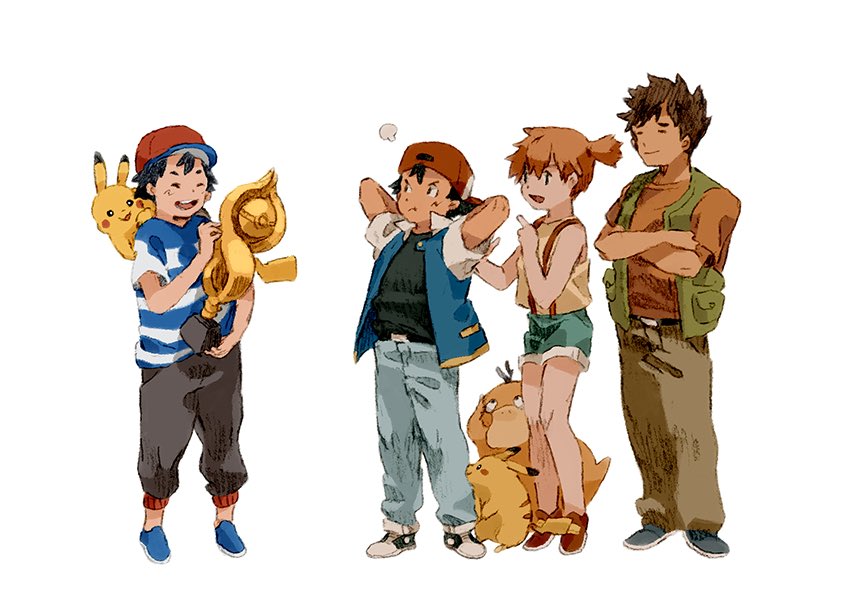 1girl, 3boys, belt, black_shirt, blue_footwear, brown_pants, capri_pants, crossed_arms