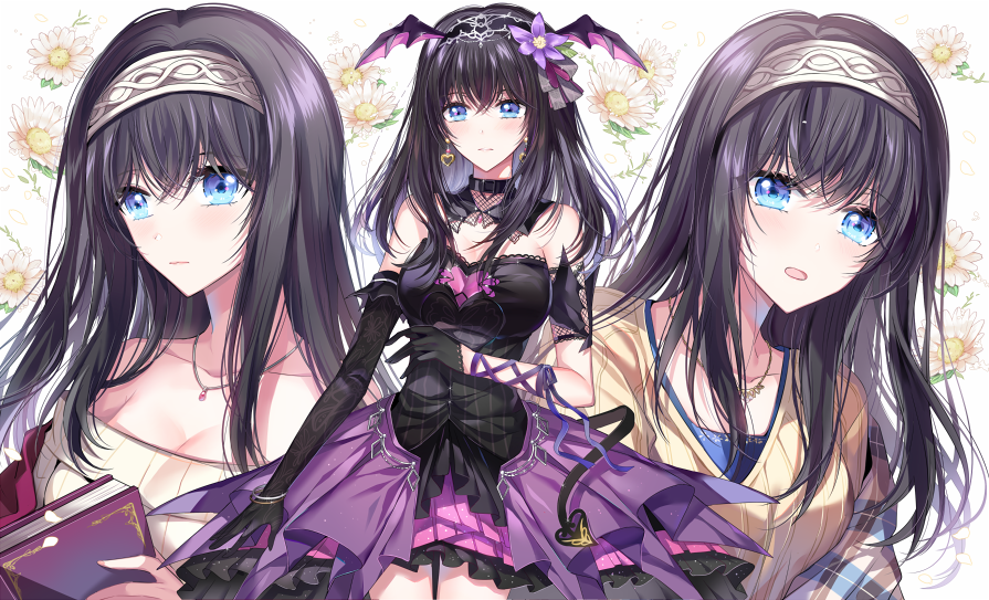 1girl, :o, :|, arm_ribbon, bangs, black_collar, black_gloves, black_hair