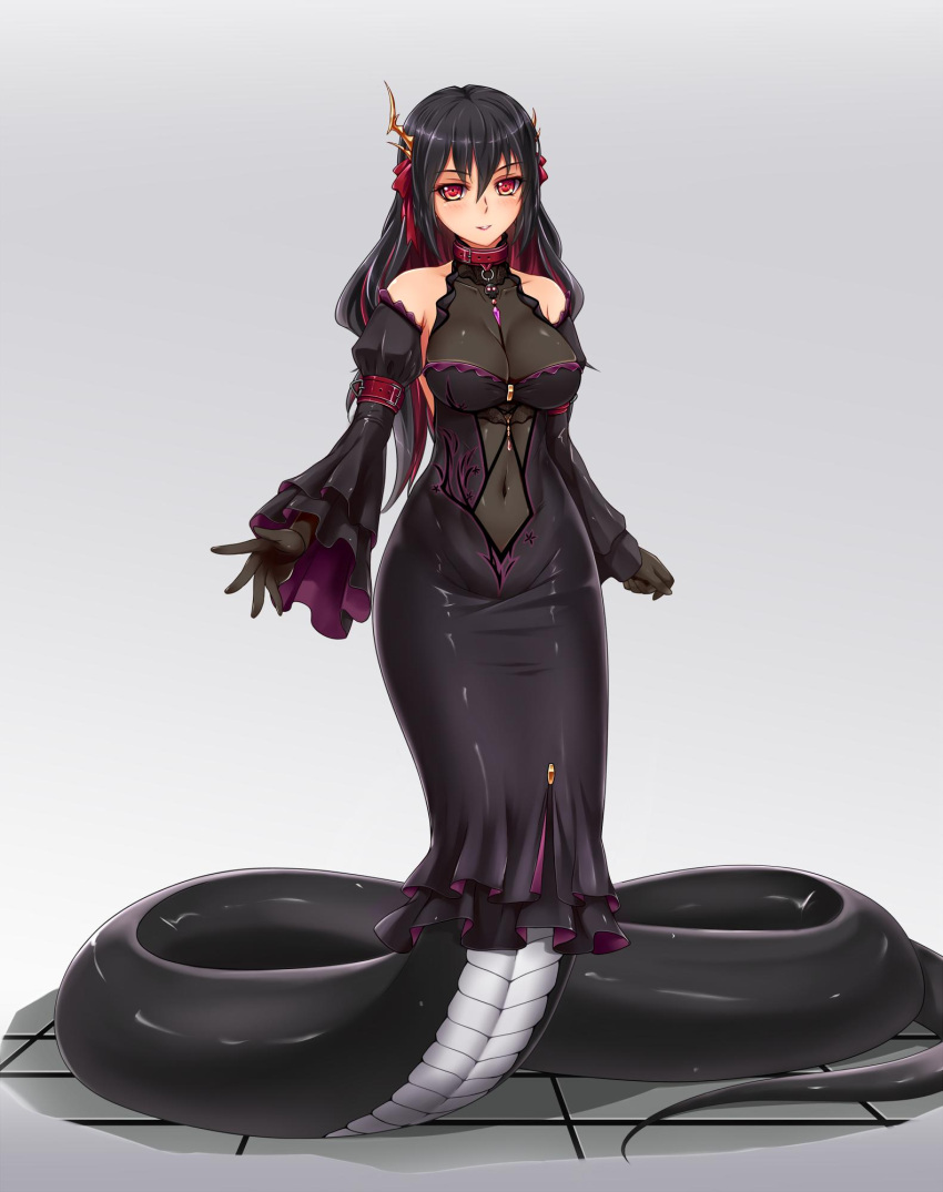 1girl, arm_belt, bare_shoulders, black_dress, black_gloves, black_hair, black_sclera, bracelet
